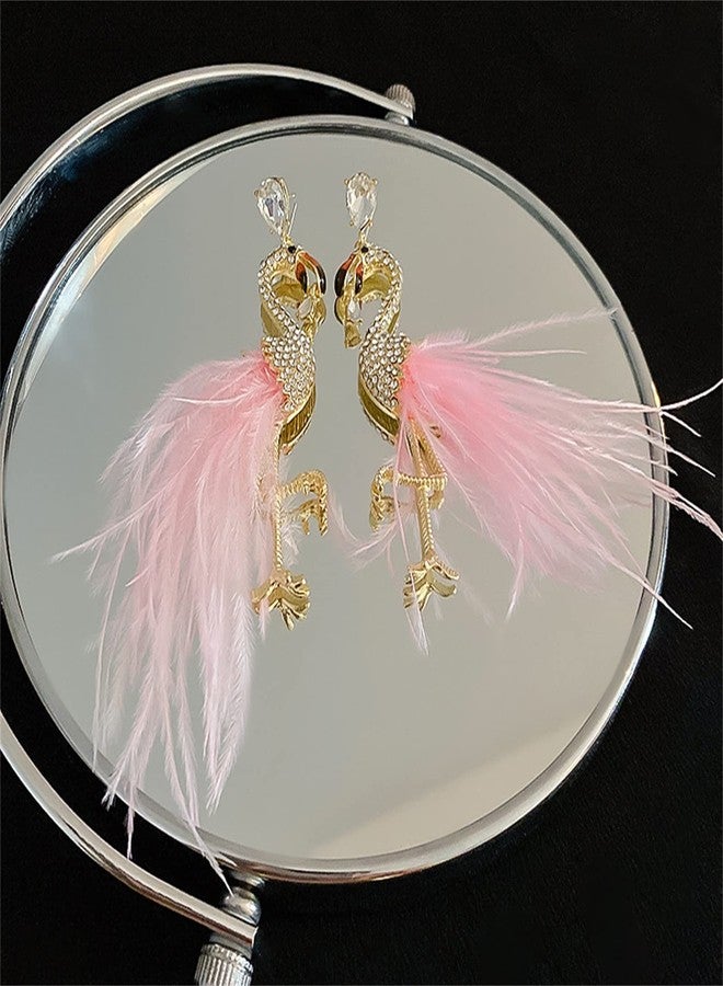 Uarein Flamingo Dangle Earring for Women.Feather Tassel Drop Earrings Elegant Crystal Birds Earrings Fashion Jewelry Gifts for Women (Pink) - Image 4